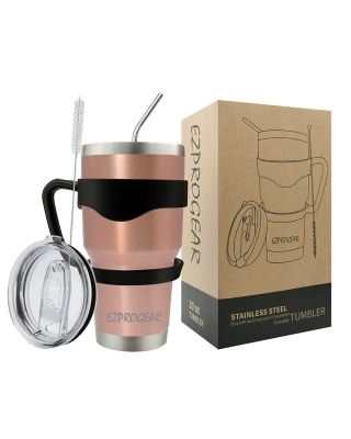 Ezprogear 30 oz Rose Gold Stainless Steel Tumbler Double Wall Vacuum Insulated with Straws and Handle