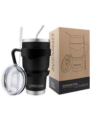Ezprogear 30 oz Black Stainless Steel Tumbler Double Wall Vacuum Insulated with Straws and Handle