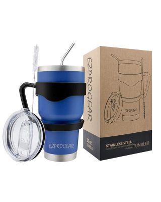 Ezprogear 30 oz Blue Stainless Steel Tumbler Double Wall Vacuum Insulated with Straws and Handle