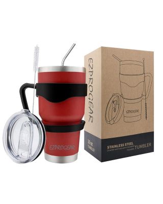 Ezprogear 30 oz Red Stainless Steel Tumbler Double Wall Vacuum Insulated with Straws and Handle
