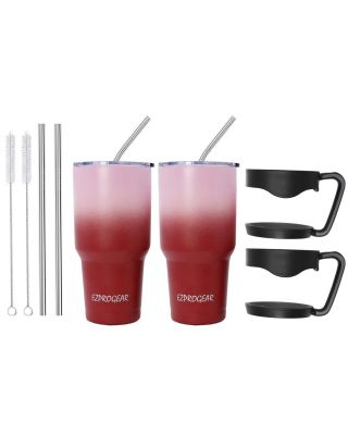 Ezprogear 30 oz 2 Pack Pink Carnation/Red Cherry Stainless Steel Tumbler Double Wall Vacuum Insulated with Straws and Handle