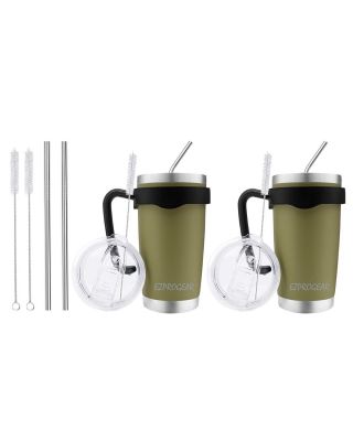 EZProGear 20 oz 2 Pack Olive Green Stainless Steel Tumbler w/Lids, Handle & Straws Travel Coffee Mug