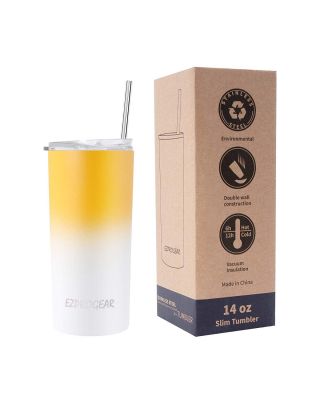 Ezprogear 14oz Yellow Mango/White Cream Stainless Steel Slim Insulated Tumbler with 2 Straws, Brush, Lid