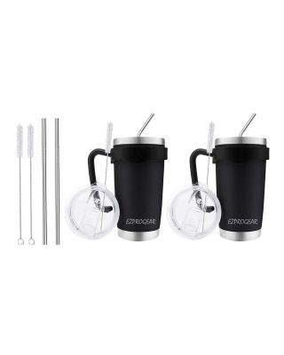 EZ ProGear 20 oz 2 Pack Black Stainless Steel Tumbler w/Lids, Handle & Straws Travel Coffee Mug