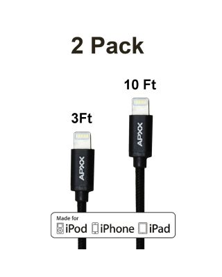 APXX 2-Pack 3Ft & 10Ft Apple MFI Certified Nylon Braided Lightning Cable AL3310D 