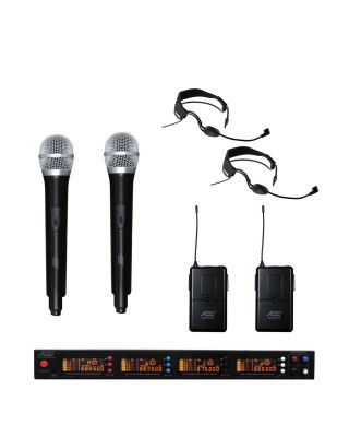 Audio2000s AWM6528H2HS2 UHF 4 Channel 200 Selectable Frequencies Wireless Microphone w/2 Handheld & 2 Headband Headset Mics