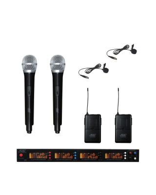 Audio2000s AWM6528H2L2 UHF 4 Channel200 Selectable Frequencies Wireless Microphone w/2 Handheld & 2 Lapel Mics