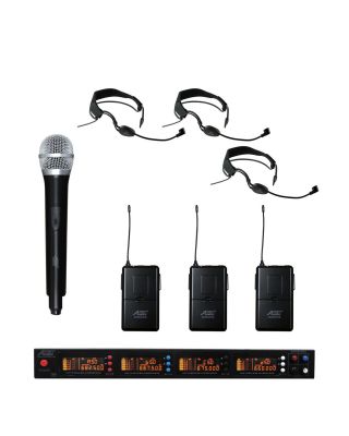 Audio2000s AWM6528H1HS3 UHF 4 Channel Wireless Microphone w/1Handheld & 3 Headband Headset Mics