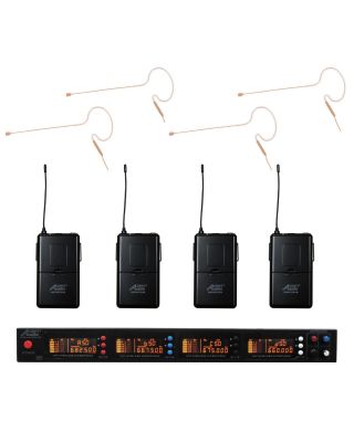 Audio2000s AWM6528U630 UHF 4 Channel 200 Selectable Frequencies Wireless Microphone w/ Tan Color Mini Headset Mics