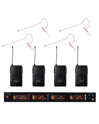 Audio2000s AWM6528U630PK UHF 4 Channel 200 Selectable Frequencies Wireless Microphone w/ Pink Color Mini Headset Mics