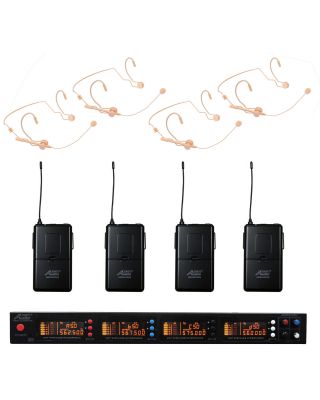 Audio2000s AWM6528U637 UHF 4 Channel 200 Selectable Frequencies Wireless Microphone w/ Tan Color Mini Headset Mics