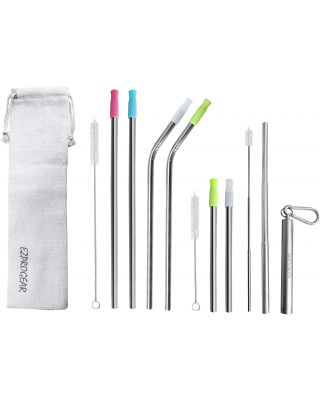 Ezprogear Metal Stainless Steel Wide Straws with Silicone Tips Collapsible Straw and 8mm Reusable Drinking Straw 