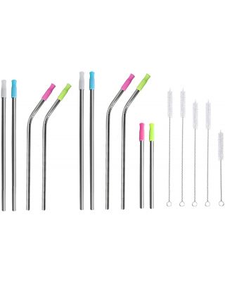 Ezprogear 8 mm Set of 10 Stainless Steel Reusable Drinking Wide Straws for Milkshake and Smoothies with Tips and Canvas Bag (2L+2LB+2M+2MB+2S)