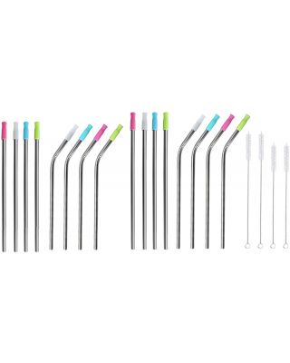 Ezprogear 8 mm set of 16 Metal Stainless Steel Reusable Drinking Wide Straws for Smoothies and Milkshake with Tips and Canvas Bag (4L+4LB+4M+4MB)