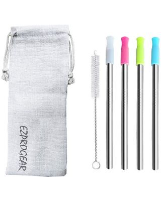 Ezprogear 8mm Wide Straws 5.75 inch Short Stainless Steel Reusable Drinking Straw with Tips and Canvas Bag (4 Short)