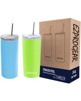 Ezprogear 14 oz 2-pack Lime Green and Blue Cornflower Stainless Steel Skinny Tumbler Double Wall 