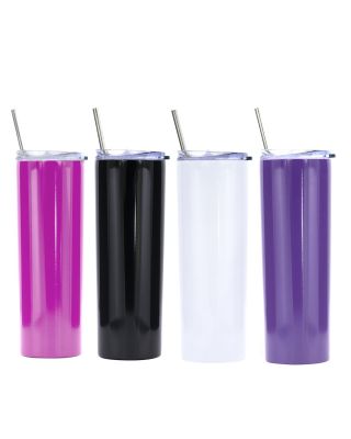 Ezprogear 20 oz Stainless Steel Glossy 4 Pack Double Wall Vacuum Insulated Slim Skinny Travel Mug Water Tumbler with Lid and Straw (Glossy Magenta/Black/White/Grape)