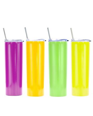 Ezprogear 20 oz Stainless Steel Glossy 4 Pack Double Wall Vacuum Insulated Slim Skinny Travel Mug Water Tumbler with Lid and Straw (Glossy Magenta/Mango/Lime Green/Lemon Yellow)
