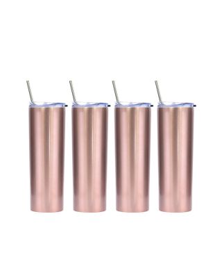 Ezprogear 20 oz Stainless Steel Glossy 4 Pack Double Wall Vacuum Insulated Slim Skinny Travel Mug Water Tumbler with Lid and Straw (Glossy Rose Gold)