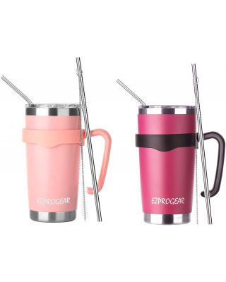 EZProGear 20 oz 2 Pack Pink and Magenta Stainless Steel Tumbler w/Lids, Handle & Straws Travel Coffee Mug