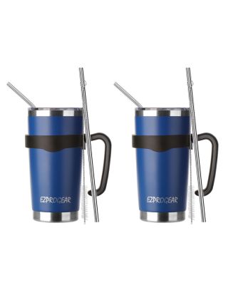 EZProGear 20 oz 2 Pack  Blue Stainless Steel Tumbler w/Lids, Handle & Straws Travel Coffee Mug