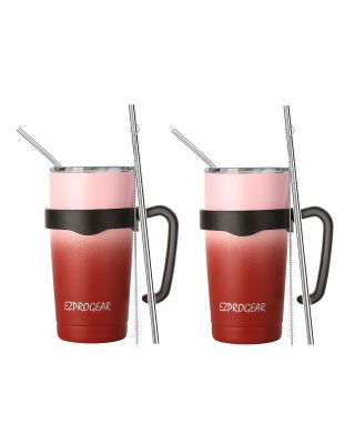 EZ ProGear 20oz 2 Pack Carnation/Cherry Stainless Steel Tumbler w/Lids, Handle & Straws Travel Coffee Mug