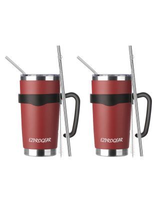 EZ ProGear20 oz 2 Pack Cherry Stainless Steel Tumbler w/Lids, Handle & Straws Travel Coffee Mug