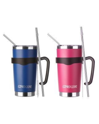 EZProGear 20 oz 2 Pack Blue and Magenta Stainless Steel Tumbler w/Lids, Handle & Straws Travel Coffee Mug