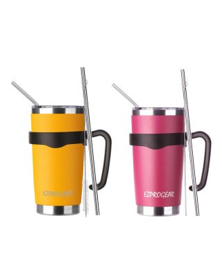 EZ ProGear 20 oz 2 Pack Mango and Magenta Stainless Steel Tumbler w/Lids, Handle & Straws Travel Coffee Mug