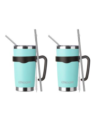 EZ ProGear20 oz 2 Pack Mint Stainless Steel Tumbler w/Lids, Handle & Straws Travel Coffee Mug