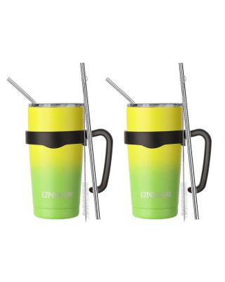 EZ ProGear20 oz 2 Pack Neon Yellow/Lime Green Stainless Steel Tumbler w/Lids, Handle & Straws Travel Coffee Mug