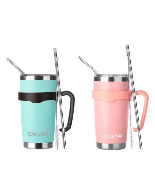 EZProGear 20 oz 2 Pack Mint and Pink  Stainless Steel Tumbler w/Lids, Handle & Straws Travel Coffee Mug
