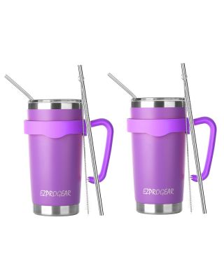 EZ ProGear 20 oz 2 Pack Purple Stainless Steel Tumbler w/Lids, Handle & Straws Travel Coffee Mug  
