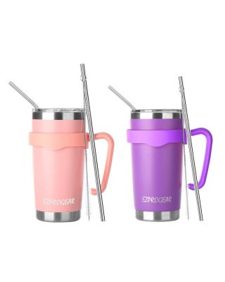 EZProGear 20 oz 2 Pack Purple and Pink Stainless Steel Tumbler w/ Lids, Handle & Straws Travel Coffee Mug