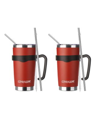 EZ ProGear20 oz 2 Pack Red Stainless Steel Tumbler w/Lids, Handle & Straws Travel Coffee Mug
