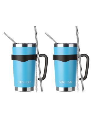 EZ ProGear20 oz 2 Pack Sky Blue  Stainless Steel Tumbler w/Lids, Handle & Straws Travel Coffee Mug 