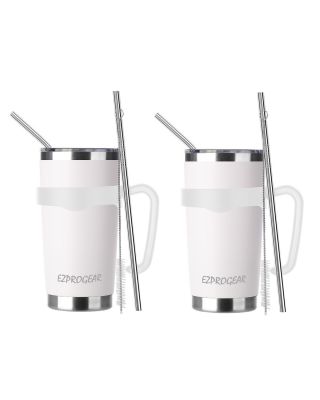Ezprogear 20 oz 2 Pack White Stainless Steel Tumbler w/Lids, Handle & Straws Travel Coffee Mug 