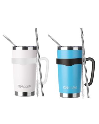 EZ ProGear20 oz 2 Pack White/Sky Blue Stainless Steel Tumbler w/Lids, Handle & Straws Travel Coffee Mug