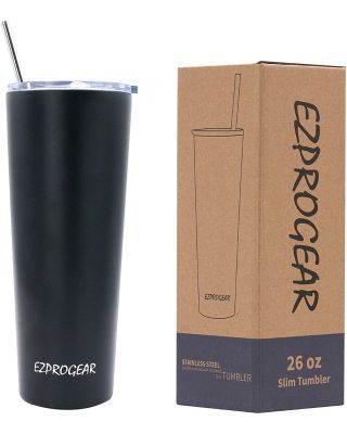 Ezprogear 26 oz Stainless Steel Slim Skinny Water Tumbler Vacuum Insulated w/Straw (Black)