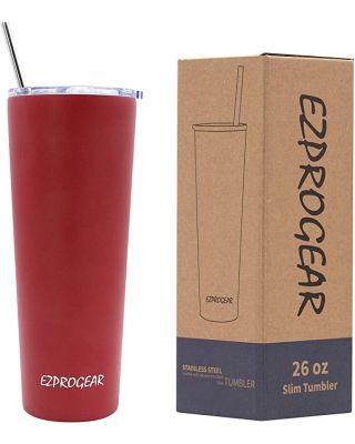 Ezprogear 26 oz Stainless Steel Slim Skinny Water Tumbler Vacuum Insulated w/Straw (Cherry)