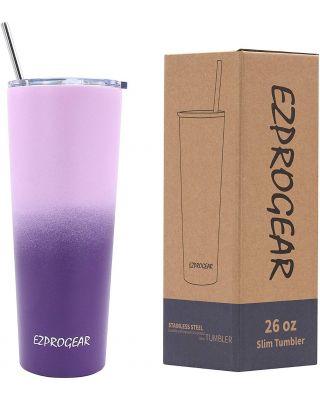 Ezprogear 26 oz Stainless Steel Slim Skinny Water Tumbler Vacuum Insulated w/Straw(Lavender/Grape)