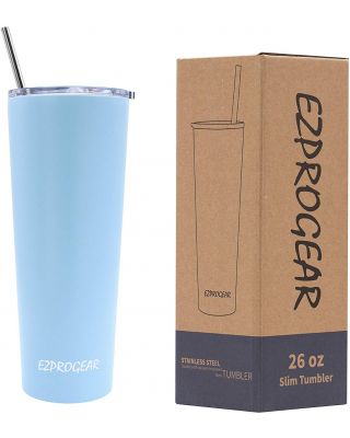 Ezprogear 26 oz Stainless Steel Slim Skinny Water Tumbler Vacuum Insulated w/Straw(Sky Blue)