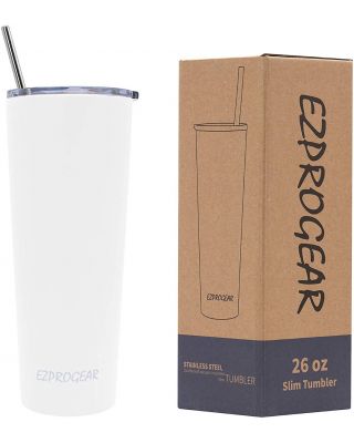 Ezprogear 26 oz Stainless Steel Slim Skinny White Water Tumbler Vacuum Insulated w/Straw