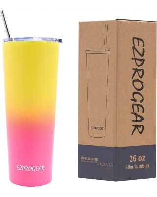 Ezprogear 26 oz Stainless Steel Slim Skinny Water Tumbler Vacuum Insulated w/Straw (Yellow/Rose Pink)