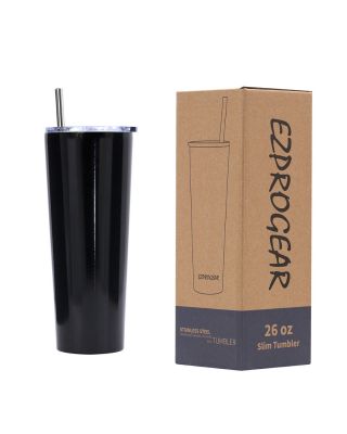 Ezprogear 26 oz Stainless Steel 1 Pack Glossy Black Double Wall Vacuum Insulated Slim Skinny Travel Mug Water Tumbler with Lid and Straw