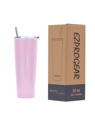 Ezprogear 26 oz Stainless Steel 1 Pack Double Wall Vacuum Insulated Slim Skinny Travel Mug Water Tumbler with Lid and Straw (Glossy Carnation)