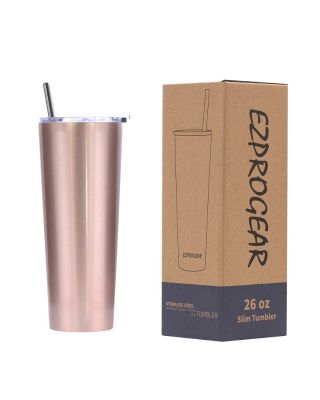 Ezprogear 26 oz Stainless Steel 1 Pack Double Wall Vacuum Insulated Slim Skinny Travel Mug Water Tumbler with Lid and Straw (Glossy Rose Gold)