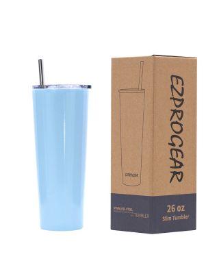 Ezprogear 26 oz Stainless Steel 1 Pack Double Wall Vacuum Insulated Slim Skinny Travel Mug Water Tumbler with Lid and Straw (Glossy Sky Blue)