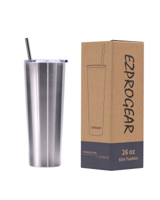 Ezprogear 26 oz Stainless Steel 1 Pack Double Wall Vacuum Insulated Slim Skinny Travel Mug Water Tumbler with Lid and Straw (Glossy Stainless)