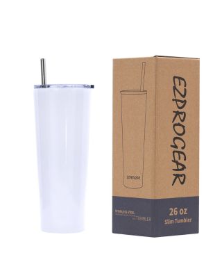 Ezprogear 26 oz Stainless Steel 1 Pack Double Wall Vacuum Insulated Slim Skinny Travel Mug Water Tumbler with Lid and Straw (Glossy White)